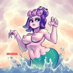  1girl blue_eyes breasts cala_maria_(cuphead) cuphead_(game) giantess highres hips medium_breasts mermaid navel nipples ocean pale_skin partially_submerged purple_hair sky solo stomach supersatanson tentacle_hair topless water wide_hips 