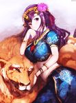  bad_id bad_pixiv_id bracelet breasts circlet closed_mouth commentary_request dyolf fate/grand_order fate_(series) flower hair_flower hair_ornament indian_clothes jewelry large_breasts lion long_hair looking_at_viewer matou_sakura necklace parvati_(fate/grand_order) puffy_short_sleeves puffy_sleeves purple_eyes purple_hair short_sleeves smile 