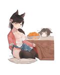  =_= alternate_costume animal_ears atago_(azur_lane) azur_lane black_hair black_legwear bow breasts brown_eyes cleavage closed_eyes come_hither commentary_request covered_nipples flashing food fruit hair_bow hair_ornament highres kotatsu large_breasts long_hair long_sleeves looking_at_viewer mandarin_orange mole mole_under_eye multiple_girls no_panties see-through simple_background sitting sleeping smile table takao_(azur_lane) thighhighs under_kotatsu under_table yueguang_zhanglang 