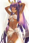  animal_ears armlet arms_up bandeau bianyuanqishi bikini breasts commentary cowboy_shot dark_skin earrings eyebrows_visible_through_hair eyeliner facial_mark fate/grand_order fate_(series) front-tie_bikini front-tie_top hair_tubes highres hoop_earrings jewelry long_hair makeup medium_breasts navel necklace nitocris_(fate/grand_order) nitocris_(swimsuit_assassin)_(fate) parted_lips pink_eyes ponytail purple_hair shiny shiny_skin sidelocks simple_background smile solo swimsuit thighlet tiara tying_hair underboob very_long_hair white_bikini wristband 