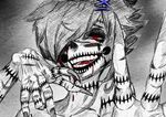  black_sclera blood cropped hands hatching_(texture) horror_(theme) inxsis looking_at_viewer mako_(inxsis) original red_eyes ringed_eyes scar self_upload sketch smile solo spot_color 