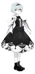  absurdres armband bad_id bad_pixiv_id bare_shoulders bat_wings black_dress black_footwear blue_hair boots closed_mouth dress frilled_dress frills from_side full_body hair_between_eyes hand_up highres looking_at_viewer monochrome red_eyes remilia_scarlet ryono_mizuki short_hair simple_background smile solo spot_color spread_wings standing tiara touhou white_background wings 