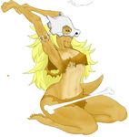  absurdres barefoot blonde_hair bone breasts closed_mouth color_guide covered_nipples cubone expressionless from_side gen_1_pokemon half-closed_eyes highres inxsis lips long_hair navel personification pokemon realistic red_eyes self_upload simple_background sketch skull_mask small_breasts solo tribal very_long_hair wavy_hair white_background wide_hips 