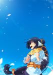  :d ainu_clothes animal_ears bangs black_hair blue_sky cherry_blossoms cloud commentary_request day eyebrows_visible_through_hair from_below kuon_(utawareru_mono) long_hair long_sleeves looking_afar low-tied_long_hair obi open_mouth outdoors petals ponytail profile sash scarf sky smile solo standing tomato_(lsj44867) upper_body utawareru_mono utawareru_mono:_itsuwari_no_kamen very_long_hair wind yellow_eyes yellow_scarf 