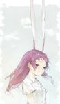  animal_ears bad_id bad_pixiv_id bunny_ears closed_mouth collared_shirt commentary_request expressionless extra_ears floating_hair grey_background half-closed_eyes highres long_hair purple_hair red_eyes reisen_udongein_inaba ryono_mizuki shirt short_sleeves simple_background solo touhou upper_body very_long_ears white_shirt wind wing_collar 