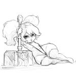  1girl bangs big_hair bikini breasts cutesexyrobutts hair_between_eyes hammer holding league_of_legends long_hair looking_at_viewer lying monochrome navel parted_lips poppy sketch sling_bikini small_breasts thick_thighs thighhighs twintails weapon wide_hips yordle 