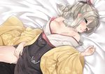  after_sex anchor areola_slip areolae bare_shoulders bed_sheet black_skirt blue_eyes blush breasts breath closed_mouth cum cum_on_body cum_on_lower_body curly_hair drill_hair ebifurya hakama hatakaze_(kantai_collection) japanese_clothes kantai_collection kimono light_brown_hair long_hair lying medium_breasts no_bra off_shoulder on_back open_clothes ponytail sidelocks skirt small_breasts solo 