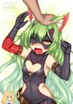  ;o animal_ears arm_belt armpits artist_name asymmetrical_gloves bare_shoulders belt black_gloves breasts chibi chibi_inset cleavage_cutout commentary_request covered_navel dated elbow_gloves embarrassed eyebrows_visible_through_hair fox_ears fox_girl fox_tail gloves green_hair hair_between_eyes hands_up heart_cutout highres jitome kayou_(sennen_sensou_aigis) kyuubi leather leather_gloves leotard long_hair looking_at_viewer loose_belt mask minaha_(playjoe2005) multiple_girls multiple_tails one_eye_closed orange_eyes paw_background petite petting red_gloves saval_(sennen_sensou_aigis) sennen_sensou_aigis short_eyebrows side_cutout skin_tight small_breasts solo_focus tail thick_eyebrows very_long_hair wavy_hair 