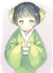 bangs black_hair blunt_bangs blush bow fingers_together green_bow green_eyes green_kimono grey_background hair_bow japanese_clothes kimono kurasuke long_sleeves looking_at_viewer obi original parted_lips sash short_hair simple_background sleeves_past_wrists solo standing wide_sleeves 