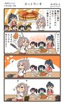  6+girls ? akagi_(kantai_collection) black_hair brown_hair comic commentary cooking eighth_note food hachimaki headband highres hiryuu_(kantai_collection) houshou_(kantai_collection) japanese_clothes kaga_(kantai_collection) kantai_collection long_hair megahiyo multiple_girls musical_note one_side_up pancake ponytail side_ponytail souryuu_(kantai_collection) speech_bubble spoken_musical_note translated twintails twitter_username when_you_see_it younger zuihou_(kantai_collection) 