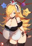  apron ass_visible_through_thighs bare_shoulders blonde_hair blue_eyes blush breasts chiko_(mario) choker cleavage cowboy_shot crown dish earrings flipped_hair hair_over_one_eye jewelry large_breasts leaning_forward long_hair looking_at_viewer maid maid_headdress mario_(series) panties parted_lips rosetta_(mario) side-tie_panties simple_background smile solo songjikyo standing star super_mario_bros. super_mario_galaxy thighhighs underwear waist_apron wrist_cuffs 