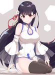  azur_lane bare_shoulders black_hair black_legwear breasts china_dress chinese_clothes cleavage_cutout commentary_request covered_navel detached_sleeves dress eyebrows_visible_through_hair fukemachi highres large_breasts long_hair looking_at_viewer red_eyes side_slit sitting smile thighhighs white_dress yat_sen_(azur_lane) 