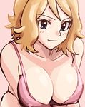  1girl blonde_hair blue_eyes blush bra breasts cleavage collarbone erect_nipples eyebrows_visible_through_hair female grin large_breasts looking_at_viewer nakaba pink_background pink_bra pokemon pokemon_(anime) pokemon_xy serena_(pokemon) short_hair simple_background skindentation smile solo underwear underwear_only upper_body 