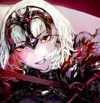  absurdres bangs cape close-up diadem eyebrows_visible_through_hair face fate/grand_order fate_(series) fur_trim highres holding holding_sword holding_weapon jeanne_d'arc_(alter)_(fate) jeanne_d'arc_(fate)_(all) looking_at_viewer pink_lips ryono_mizuki smile solo sword weapon white_hair yellow_eyes 