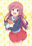  :d bangs blue_shirt blue_sweater book collared_shirt commentary_request cowboy_shot eyebrows_visible_through_hair girlish_number hair_ornament holding holding_book karasuma_chitose_(girlish_number) long_hair looking_at_viewer multicolored multicolored_background open_mouth pink_hair pleated_skirt purple_eyes shirt skirt smile solo standing sweater tomato_(lsj44867) 