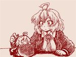  anpan blush breast_rest breasts chibi dual_persona eating food hair_between_eyes large_breasts long_hair lydian_academy_uniform monochrome necktie o_o oonamuamidabutu school_uniform senki_zesshou_symphogear sweatdrop yukine_chris 