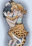  animal_ears bed_sheet belt black_hair blonde_hair blush closed_eyes elbow_gloves extra_ears gloves hair_between_eyes high-waist_skirt hug kaban_(kemono_friends) kemono_friends leg_between_thighs lying meis_(terameisu) multiple_girls nude on_side print_gloves print_legwear print_skirt serval_(kemono_friends) serval_ears serval_print serval_tail short_hair skirt sleeveless sweat tail thighhighs yuri 