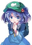  :d arm_behind_back backpack bag blue_dress blue_eyes blue_hair blush cocked_eyebrow dress e.o. eyebrows_visible_through_hair finger_to_chin flat_cap green_hat hair_between_eyes hair_bobbles hair_ornament hat kawashiro_nitori key long_sleeves looking_at_viewer open_mouth raised_eyebrow short_hair simple_background smile solo touhou two_side_up upper_body white_background 