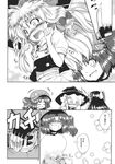  anger_vein aozora_market belt blush blush_stickers bow comic dress floating_head greyscale hair_bobbles hair_bow hair_ornament hakurei_reimu hat highres kamen_rider kamen_rider_kuuga_(series) kawashiro_nitori kirisame_marisa long_hair monochrome multiple_girls rider_belt scan sweatdrop touhou translated twintails two_side_up witch_hat 