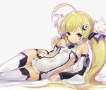  ahoge arm_support asymmetrical_bangs azur_lane bangs bare_shoulders blonde_hair blush breasts character_name closed_mouth clothes_writing collarbone commentary_request covered_navel detached_sleeves eldridge_(azur_lane) grey_background hair_ornament hair_tubes hairclip hand_on_hip long_hair long_sleeves looking_at_viewer low_twintails lying midriff minutachi on_side orange_eyes purple_pupils sideboob simple_background small_breasts solo thigh_gap thighhighs twintails white_legwear 