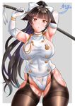  :o arms_up azur_lane bangs black_hair black_legwear blunt_bangs border breasts commentary_request contrapposto covered_navel cowboy_shot dated double-breasted elbow_gloves eyebrows_visible_through_hair floating_hair gloves grey_background hair_ribbon high_ponytail highres holding holding_sword holding_weapon jacket kasugano_tobari large_breasts leotard long_hair looking_at_viewer orange_eyes ponytail revision ribbon scabbard sheath sheathed shiny shiny_hair shiny_skin signature simple_background skindentation sleeveless_jacket solo standing sword takao_(azur_lane) taut_clothes thick_thighs thighhighs thighs very_long_hair weapon white_border white_gloves white_jacket white_leotard white_ribbon 