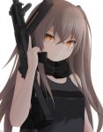  bangs bare_arms bare_shoulders black_tank_top breasts brown_eyes crossed_bangs eyebrows_visible_through_hair foregrip girls_frontline grey_hair gun h&amp;k_ump h&amp;k_ump45 hair_between_eyes hair_ornament heckler_&amp;_koch highres holding holding_gun holding_weapon keenh magazine_(weapon) one_side_up scar scar_across_eye small_breasts submachine_gun ump45_(girls_frontline) weapon white_background 