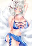  animal_ears arm_behind_back arm_up azur_lane bangs bare_shoulders bikini blue_bikini blue_eyes breasts cleavage cross-laced_clothes fox_ears fox_mask fox_tail front-tie_bikini front-tie_top heavy_breathing highres hips huge_breasts kaga_(azur_lane) mask multiple_tails navel sankakusui sarong shiny shiny_skin short_hair simple_background smile solo steaming_body sweat swimsuit tail thighs white_background white_hair 