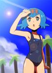  blue_eyes blue_hair cloud day hairband natsunagi_takaki one-piece_swimsuit open_mouth pokemon pokemon_(game) pokemon_sm short_hair sky solo suiren_(pokemon) sweat swimsuit trial_captain 