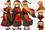  :d alternate_hairstyle chinese_clothes dated dress dress_shoes hair_ornament hair_rings hair_stick hat highres junko_(touhou) long_hair long_sleeves multiple_views neck_ribbon no_headwear open_mouth orange_hair red_eyes ribbon rolling_sleeves_up sameya sash simple_background smile tabard tassel touhou wide_sleeves 