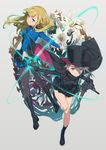  ange_(princess_principal) bangs black_legwear blonde_hair blue_eyes boots breasts bright_pupils cavorite_ball closed_mouth commentary_request cross-laced_footwear eyebrows_visible_through_hair finger_on_trigger flower frilled_skirt frills full_body gradient gradient_background grey_hair gun hair_between_eyes handgun hat highres kamo_kamen lily_(flower) long_hair long_legs looking_at_viewer looking_back multiple_girls outstretched_arms pantyhose princess_(princess_principal) princess_principal short_hair simple_background skirt small_breasts smile standing standing_on_one_leg top_hat weapon white_pupils 