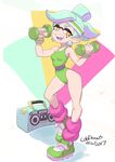  2017 absurdres artist_name breasts colo_(nagrolaz) dated domino_mask dumbbell earrings fangs full_body green_leotard hairband highres hotaru_(splatoon) jewelry leotard looking_at_viewer mask medium_breasts mole mole_under_eye open_mouth pointy_ears radio shoes simple_background smile sneakers solo splatoon_(series) sweatdrop symbol-shaped_pupils teeth tied_hair training white_background white_hair yellow_eyes 