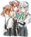  arm_warmers asagumo_(kantai_collection) ascot blush braid brown_eyes brown_hair double_bun dress green_hairband grey_skirt hair_ornament hair_ribbon hairband kantai_collection light_brown_hair long_hair michishio_(kantai_collection) multiple_girls open_mouth pinafore_dress pleated_skirt ribbon sagamiso school_uniform shirt short_hair short_sleeves short_twintails silver_hair single_braid skirt smile suspenders twintails twitter_username wavy_hair white_shirt yamagumo_(kantai_collection) yellow_eyes 