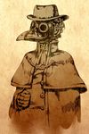  braid capelet coat facing_viewer gloves hair_bun hat highres mask monochrome neck_ribbon norizc original plague_doctor plague_doctor_mask ribbon sepia sepia_background solo standing 
