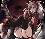  arm_at_side ass azur_lane bangs black_gloves black_legwear braid breasts cloud cloudy_sky finger_to_mouth full_body garter_straps gloves headgear long_hair looking_at_viewer machinery medium_breasts military military_uniform mole mole_on_breast night no_pants outdoors parted_bangs prinz_eugen_(azur_lane) red_eyes rigging sideboob sitting sky solo thighhighs thighs toes two_side_up uniform venomrobo white_hair wing_collar 