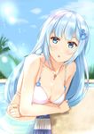  :o bangs bare_shoulders bikini blue_eyes blue_hair blush breasts day hair_ornament halterneck highres idolmaster idolmaster_million_live! idolmaster_million_live!_theater_days jewelry long_hair looking_at_viewer medium_breasts navel necklace outdoors partially_submerged pool poolside shiraishi_tsumugi skindentation sky solo splashing swimsuit very_long_hair water wet white_bikini yuzuyu_(hyui) 