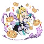  :p bandage blonde_hair breasts candle cleavage elf_ears green_eyes halloween large_breasts leafa long_hair official_art ponytail pumpkin smile star sword_art_online tagme tongue_out 