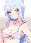  bangs bare_shoulders bikini_pull blue_eyes blush breasts enelis front-tie_bikini front-tie_top idolmaster idolmaster_million_live! idolmaster_million_live!_theater_days light_blue_hair long_hair looking_at_viewer medium_breasts nipples one_breast_out parted_lips reaching_out self_shot shiraishi_tsumugi solo strap_slip upper_body 