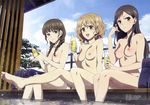  10s 3girls :d absurdres areolae barefoot black_eyes black_hair blue_sky breasts brown_eyes brown_hair closed_mouth cloud collarbone day detexted drink feet female hair_flower hair_ornament hanasaku_iroha highres holding legs long_hair looking_at_viewer matsumae_ohana medium_breasts megami multiple_girls nipples nude nude_filter official_art oohigashi_yurie open_mouth oshimizu_nako outdoors photoshop shiny shiny_skin short_hair sitting sky smile soles text toes tsurugi_minko twintails wading water wavy_hair wet 