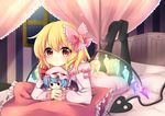  absurdres bangs bed bed_frame black_legwear blonde_hair blurry bow canopy_bed character_doll closed_mouth commentary_request crystal depth_of_field eyebrows_visible_through_hair flandre_scarlet frilled_pillow frilled_ribbon frilled_sleeves frills full_body glowing glowing_wings gradient_eyes hair_between_eyes hair_ribbon highres holding horizontal_stripes indoors laevatein legs_up light_particles long_sleeves looking_at_viewer lying medium_hair multicolored multicolored_eyes night night_sky no_hat no_headwear on_stomach pajamas pillow pink_bow pink_pajamas pink_pillow pink_ribbon red_eyes remilia_scarlet ribbon ruhika shiny shiny_hair sky solid_circle_eyes solo striped thighhighs touhou window wings yellow_eyes 