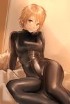  arm_support asymmetrical_hair bangs bed_sheet black_bodysuit blush bodysuit breasts catsuit eyebrows_visible_through_hair grey_eyes hair_between_eyes highres kilye_4421 latex looking_at_viewer orange_hair original shiny shiny_clothes short_hair skin_tight small_breasts solo thighs 