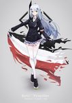  absurdres armband bangs black_footwear blue_skirt blunt_bangs character_name closed_mouth commentary_request copyright_name crossed_legs double-breasted expressionless facial_mark flag full_body girls_frontline gloves green_eyes hair_ornament hairpin highres hk416_(girls_frontline) holding holding_flag imperial_german_flag iron_cross long_hair long_sleeves looking_at_viewer military military_jacket military_uniform outstretched_arm plaid plaid_skirt shiny shiny_hair shoes silver_hair skirt solo standing thighhighs umi_okami_kun uniform very_long_hair watson_cross white_gloves white_legwear zettai_ryouiki 