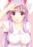  1girl :o animal_ears bangs blush breasts bunny_ears buttons hair_ornament hairclip hand_up kue large_breasts leaning_forward looking_at_viewer pink_background pink_hair red_eyes reisen_udongein_inaba shirt short_sleeves simple_background solo touhou upper_body white_shirt wing_collar 