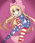  abe_suke alternate_legwear american_flag_dress american_flag_legwear blonde_hair clownpiece dress frilled_shirt_collar frills hat jester_cap long_hair neck_ruff pantyhose pink_eyes polka_dot print_legwear short_dress solo star star_print striped striped_dress striped_legwear torch touhou very_long_hair 