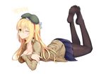  ;) absurdres beret black_legwear blonde_hair blue_skirt breasts brown_shirt cleavage closed_mouth collarbone collared_shirt crossed_arms eyebrows_visible_through_hair feet full_body girls_frontline greem_bang green_eyes green_hat hair_between_eyes hat highres legs_up long_hair looking_at_viewer m1_garand_(girls_frontline) medium_breasts miniskirt one_eye_closed pantyhose pleated_skirt shiny shiny_skin shirt simple_background skirt smile soles solo toes white_background 