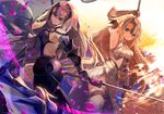  armpits blonde_hair blue_eyes commentary_request dual_persona fate/apocrypha fate/grand_order fate_(series) flag headpiece holding jeanne_d'arc_(alter)_(fate) jeanne_d'arc_(fate) jeanne_d'arc_(fate)_(all) long_hair looking_at_viewer multiple_girls nekoboshi_sakko petals silver_eyes silver_hair sword weapon wind 