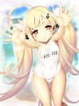  ahoge armpits azur_lane bare_legs beach blonde_hair blurry blurry_background breasts collarbone day eldridge_(azur_lane) hair_ornament hairclip incoming_hug long_hair looking_at_viewer md5_mismatch ocean one-piece_swimsuit outstretched_arms red_eyes school_swimsuit sky small_breasts solo swimsuit twintails white_school_swimsuit white_swimsuit yagitori 