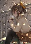  :t absurdres artist_name autumn bangs black_legwear blush bow brown_hair brown_skirt brown_sweater closed_mouth commentary_request dappled_sunlight dated day eating floral_print food from_side hair_bow highres holding holding_food hori_yuuko idolmaster idolmaster_cinderella_girls leaf long_sleeves outdoors pantyhose pleated_skirt profile railing red_eyes short_hair short_ponytail sidelocks signature sitting skirt smile solo sora_(silent_square) stairs sunlight sweater sweet_potato tareme 