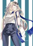  bag blonde_hair blue_eyes blue_scarf breasts closed_mouth contemporary denim error eyewear_on_head from_below hair_between_eyes high-waist_pants jeans jewelry jpeg_artifacts kantai_collection long_hair looking_at_viewer medium_breasts nail_polish necklace pants richelieu_(kantai_collection) ring scarf shoulder_bag simple_background solo striped striped_background sugue_tettou twitter_username vertical-striped_background vertical_stripes watch wristwatch 
