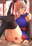  against_wall arm_at_side arm_up ass autumn autumn_leaves bangs bare_shoulders black_legwear blue_eyes blue_kimono blurry blush body_mahattaya_ginga breasts closed_mouth depth_of_field detached_sleeves earrings eyebrows_visible_through_hair falling_leaves fate/grand_order fate_(series) foreshortening hair_ornament japanese_clothes jewelry kimono knees_up large_breasts leaf long_sleeves looking_at_viewer miyamoto_musashi_(fate/grand_order) obi on_floor pink_hair sash short_kimono short_ponytail sideboob sitting sleeveless sleeveless_kimono sleeves_past_wrists smile solo thighhighs thighs wooden_floor 