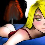  ass bad_anatomy bare_shoulders bedroom blonde_hair bottomless closed_mouth eyelashes hair_over_one_eye half-closed_eye inxsis lips looking_to_the_side original ringed_eyes sabrina_(inxsis) self_upload silhouette sketch solo_focus yellow_eyes 